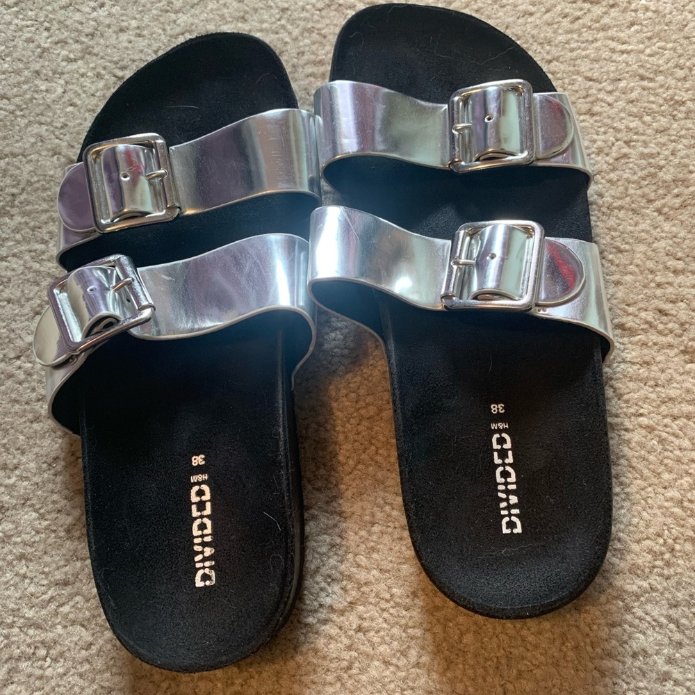 Silver H and M shoes (like Birkenstock’s)